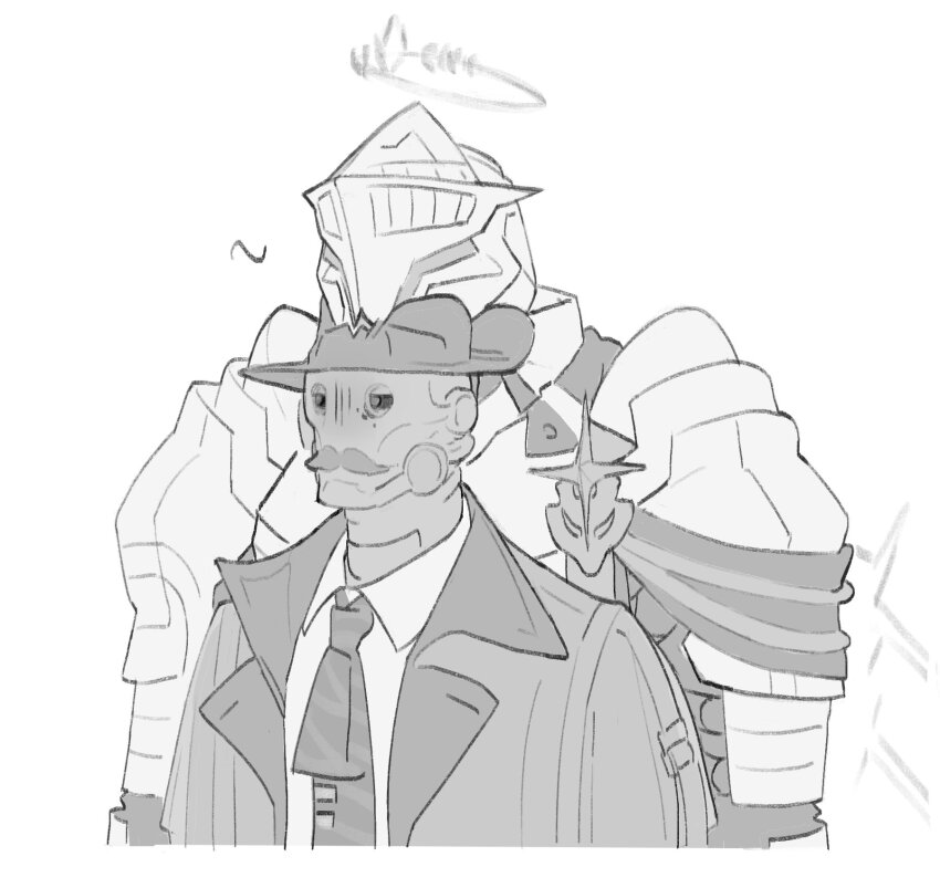 2boys arknights armor chin_rest coat commentary english_commentary facial_hair greyscale halo hat head_on_head head_rest height_difference helmet highres jee_p male_focus monochrome multiple_boys mustache necktie sankta_miksaparato_(arknights) tin_man_(arknights) upper_body white_background