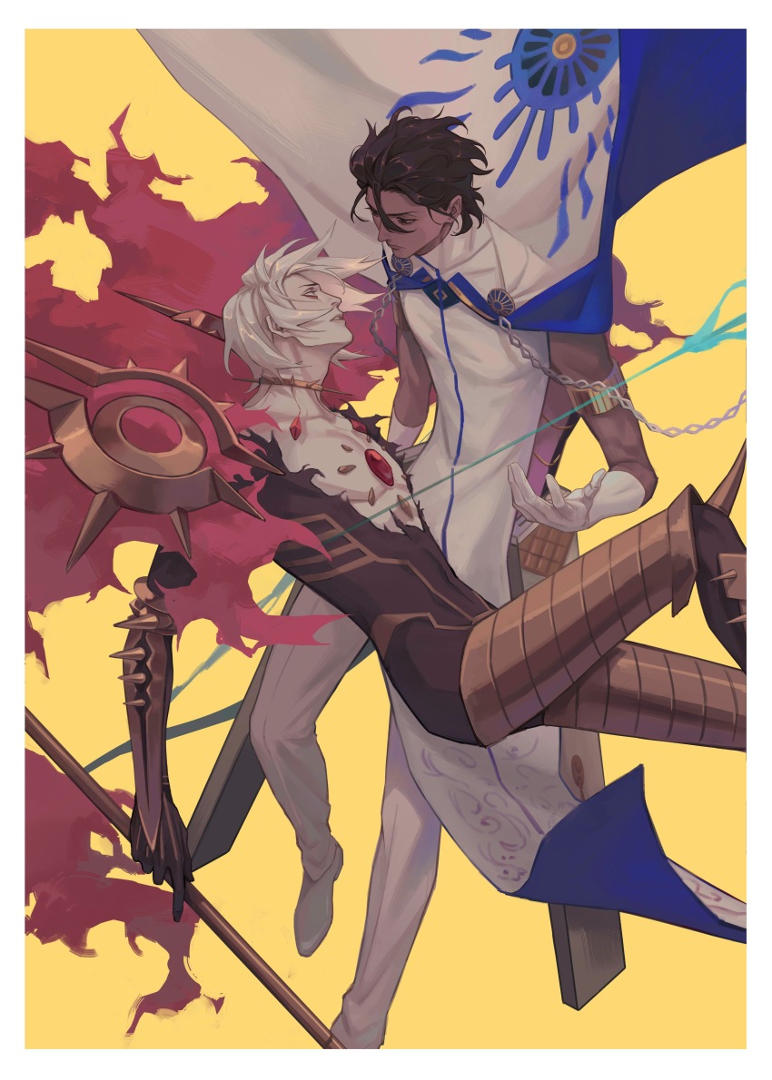 2boys absurdres arjuna_(fate) armor black_hair border brothers cape chest_jewel collar dark-skinned_male dark_skin earrings eyeshadow eyeshadow_under_eye fate/grand_order fate_(series) fixmeplz floating gloves hair_between_eyes highres holding holding_polearm holding_weapon indian_clothes jewelry karna_(fate) looking_at_another makeup male_focus midair multiple_boys pale_skin polearm red_eyeshadow short_hair siblings simple_background spiked_collar spikes weapon white_border white_gloves white_hair yellow_background