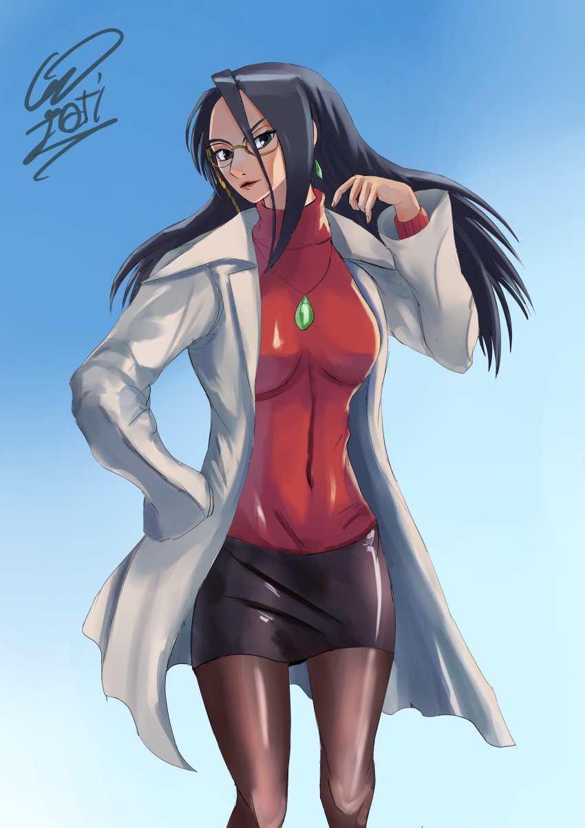 1girl absurdres black_eyes black_hair breasts earrings glasses highres jewelry jotiban7 justice_gakuen lab_coat large_breasts long_hair medium_breasts minazuki_kyouko necklace pantyhose skirt solo turtleneck