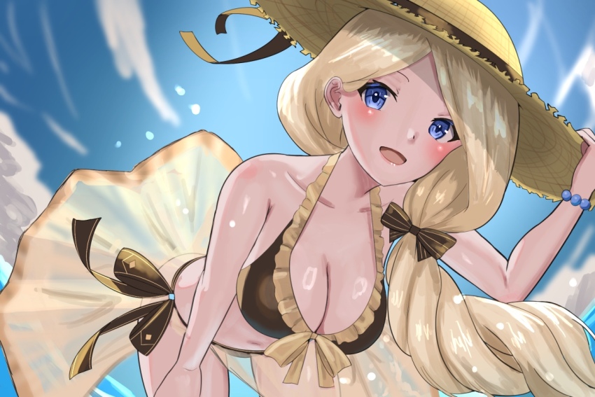 1girl alternate_costume bikini black_bikini blonde_hair blue_eyes blush bow bracelet breasts brown_bikini brown_sarong cleavage fire_emblem fire_emblem:_three_houses fire_emblem_heroes frilled_bikini frilled_footwear frilled_sarong frills hat jewelry large_breasts long_hair looking_at_viewer mercedes_von_martritz mercedes_von_martritz_(summer) navel nintendo off-shoulder_bikini off_shoulder official_alternate_costume open_mouth sarong smile solo straw_hat sun_hat swimsuit tarutaru193 yellow_sarong