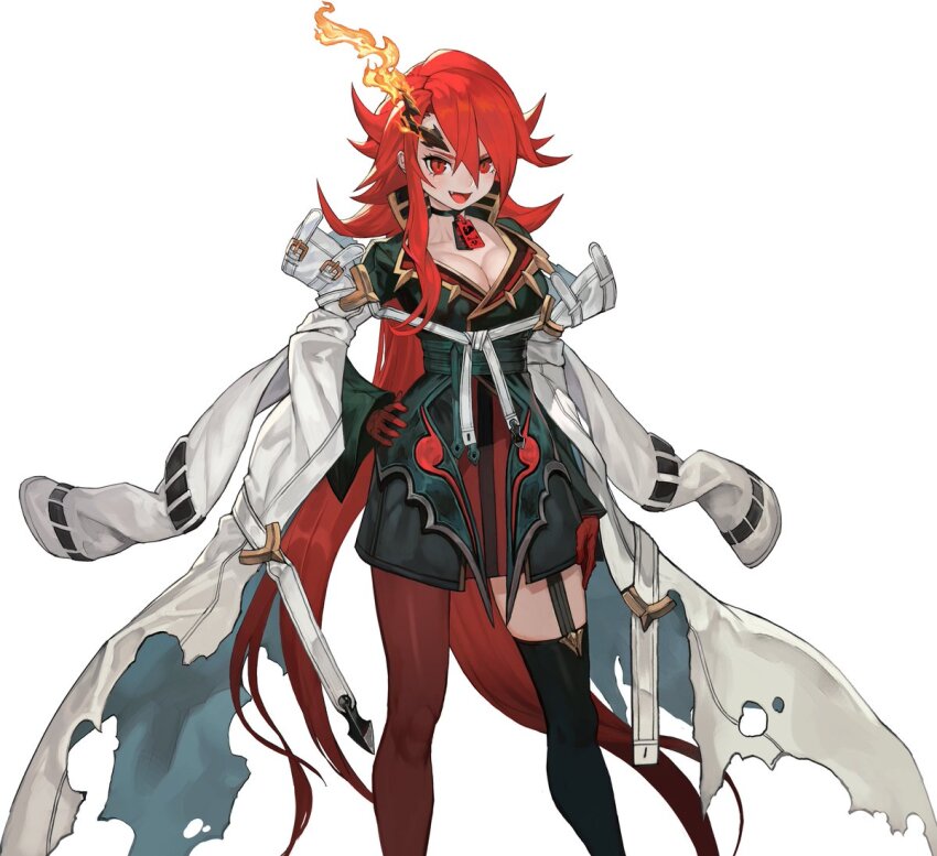 1girl breasts dog_tags fang garter_straps gloves horns jacket killizark lack long_hair maglam_lord medium_breasts open_mouth red_eyes red_gloves red_hair single_horn single_leg_pantyhose torn_clothes white_jacket