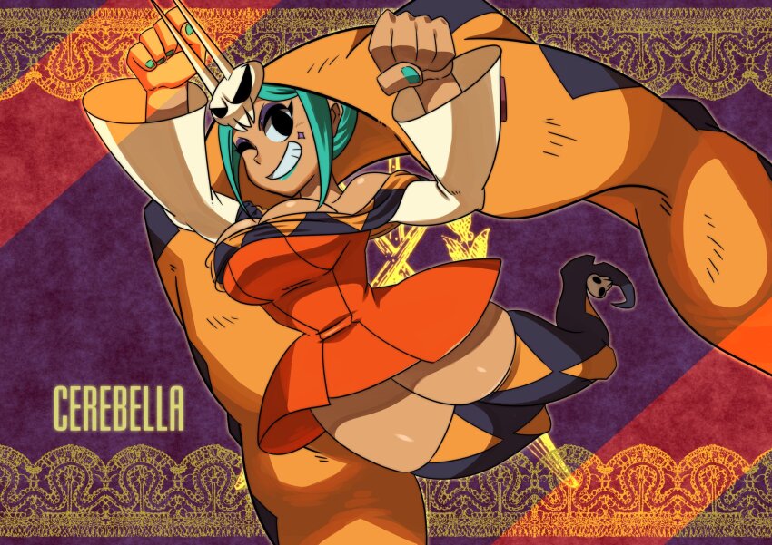 1girl aqua_hair aqua_lips argyle_clothes argyle_thighhighs arms_up bare_shoulders breasts cerebella_(skullgirls) character_name cleavage commentary_request dark-skinned_female dark_skin detached_sleeves diamond_(shape) dress eyeshadow facial_tattoo fingernails full_body green_nails grin hat highres jumping large_breasts lipstick living_clothes looking_at_viewer makeup midair one_eye_closed orange_dress pointy_footwear purple_eyeshadow short_dress short_hair skindentation skull skullgirls smile solo takenokonoko tattoo thighhighs white_sleeves