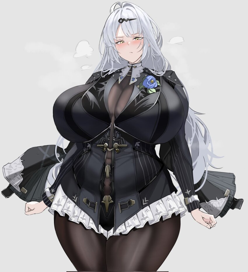 1girl black_jacket black_pantyhose blue_flower blue_rose blush bodystocking boutonniere breasts cleavage covered_navel flower grey_background hair_ornament hairclip highres huge_breasts jacket long_hair pantyhose plunging_neckline quanzidongziben rose skirt solo standing thick_thighs thighs white_hair white_skirt wide_hips yellow_eyes yixuan_(zenless_zone_zero) yixuan_(trails_of_ink)_(zenless_zone_zero) zenless_zone_zero