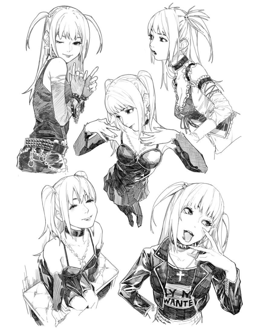 absurdres amane_misa choker death_note fingerless_gloves gloves goth_fashion highres jacket lipstick makeup monochrome one_eye_closed open_mouth simple_background sitting variations white_background zero808w