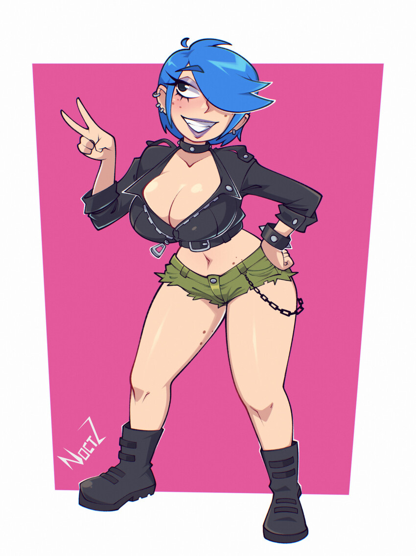 1girl artist_name black_boots black_choker black_eyes black_jacket blue_hair boots border bracelet breasts choker cleavage cropped_jacket curvy earrings ed_edd_n_eddy eyeshadow goth_fashion green_shorts grin hair_over_one_eye highres huge_breasts jacket jewelry makeup marie_kanker navel noctz outside_border pink_background purple_eyeshadow purple_lips short_hair short_shorts shorts simple_background smile solo spiked_bracelet spikes v white_border
