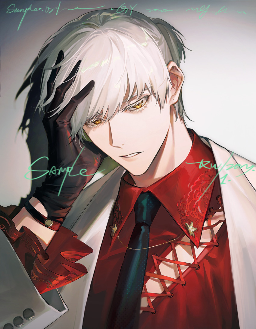 1boy artist_name black_gloves black_necktie character_name collared_shirt formal_clothes gloves hand_in_own_hair hand_on_own_head highres jacket jewelry light_and_night_love long_sleeves looking_at_viewer male_focus necktie parted_lips qi_sili red_shirt ru_(famia) sample_watermark shirt short_hair solo upper_body watermark white_hair yellow_eyes