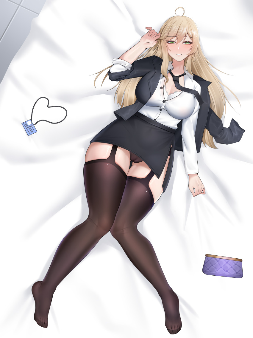 1girl absurdres ahoge black_garter_straps black_necktie black_panties black_skirt black_thighhighs blonde_hair breasts cameltoe ccga17 collared_shirt garter_straps green_eyes highres id_card lanyard large_breasts long_hair long_sleeves looking_at_viewer lying miniskirt missouri_(warship_girls_r) necktie office_lady on_back panties pencil_skirt shirt skirt smile solo thighhighs underwear warship_girls_r white_shirt