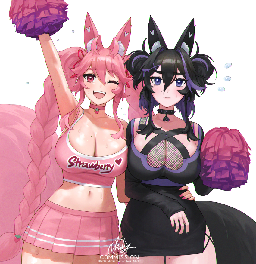 2girls :d animal_ears arm_up black_dress black_hair braid breasts cheerleader choker cleavage clothes_writing commission crop_top double_bun dress flying_sweatdrops fox_ears fox_girl fox_tail hair_between_eyes hair_bun hair_ornament hand_on_another&#039;s_waist highres indie_virtual_youtuber kireina_(osiimi) kuroina_(osiimi) large_breasts large_tail long_hair long_sleeves midriff miniskirt mole mole_on_breast mole_on_thigh multicolored_hair multiple_girls navel nhaliz one_eye_closed open_mouth pink_eyes pink_hair pleated_skirt pom_pom_(cheerleading) purple_eyes purple_hair reluctant short_dress signature skirt sleeves_past_wrists smile spiked_choker spikes streaked_hair sweat tail thick_eyebrows twin_braids twitter_username very_long_hair virtual_youtuber wavy_mouth x_hair_ornament