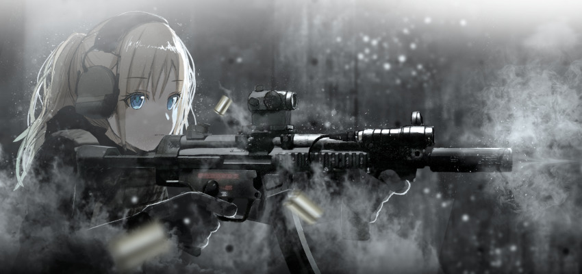 1girl blonde_hair blue_eyes blurry_foreground casing_ejection dark foregrip gloves gun h&amp;k_mp5 headset high_ponytail highres load_bearing_vest long_hair military original ponytail shell_casing sidelocks sight solo submachine_gun suppressor upper_body weapon ylmi