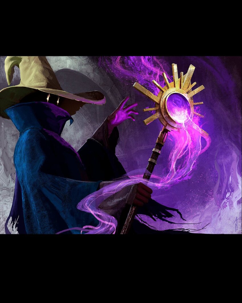1other black_mage_(final_fantasy) blue_robe final_fantasy final_fantasy_i glowing glowing_eyes hat high_collar highres holding holding_staff looking_to_the_side mage_staff magic magic:_the_gathering ninois official_art open_hand robe shaded_face solo staff upper_body wizard_hat