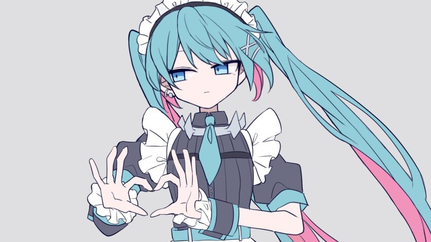 1girl alternate_costume belt blue_belt blue_eyes blue_hair blue_necktie closed_mouth colored_inner_hair commentary_request cosplay earrings ellen_joe ellen_joe_(cosplay) enmaided expressionless floating_hair futaba969649 grey_background hair_ornament hands_up hatsune_miku heart heart_hands highres jewelry long_hair looking_to_the_side maid maid_headdress moechakkafire multicolored_hair necktie pink_hair puffy_short_sleeves puffy_sleeves short_sleeves simple_background single_earring solo straight-on straight_hair twintails two-tone_hair upper_body video_thumbnail vocaloid white_headdress wrist_cuffs x_hair_ornament zenless_zone_zero