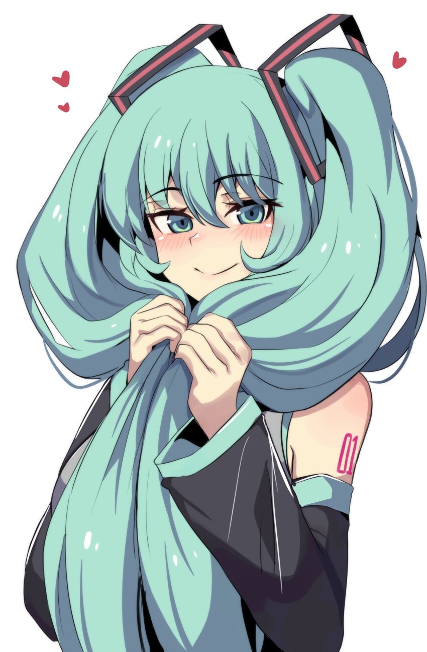 1girl aqua_eyes aqua_hair arm_tattoo arms_up black_sleeves blush choppy_bangs detached_sleeves hatsune_miku heart highres hinghoi holding holding_own_hair long_hair number_tattoo simple_background smile solo tattoo twintails upper_body very_long_hair vocaloid white_background wide_sleeves