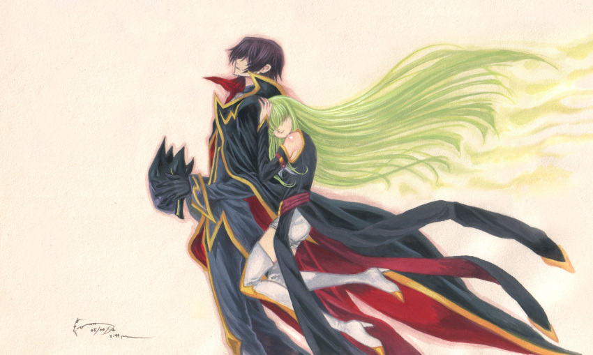 1boy 1girl absurdres bare_shoulders black_coat black_gloves black_hair black_helmet black_jacket black_pants black_sleeves boots coat code_geass detached_sleeves dominic_ian_cabatit floating from_side gloves gold_trim green_hair hair_over_eyes helmet high_heel_boots high_heels highres holding holding_helmet jacket leaning_on_person lelouch_vi_britannia long_hair long_sleeves looking_up male_focus pants profile red_coat short_hair shorts thigh_boots traditional_media two-sided_coat two-sided_fabric unworn_headwear unworn_helmet white_boots white_shorts