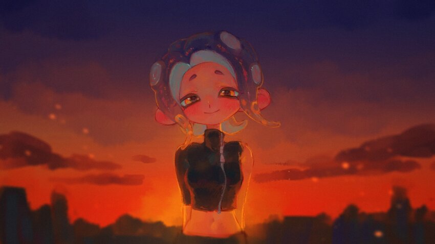 1girl agent_8_(splatoon) arms_behind_back black_shirt blonde_hair blue_hair blush commentary_request crop_top gradient_hair highres liang_cun_rakuna long_hair looking_at_viewer midriff multicolored_eyes multicolored_hair navel nintendo octoling octoling_girl octoling_player_character orange_eyes shirt single_sleeve smile solo splatoon_(series) splatoon_2 splatoon_2:_octo_expansion suction_cups sunset tentacle_hair two-tone_eyes two-tone_hair upper_body yellow_eyes zipper zipper_pull_tab