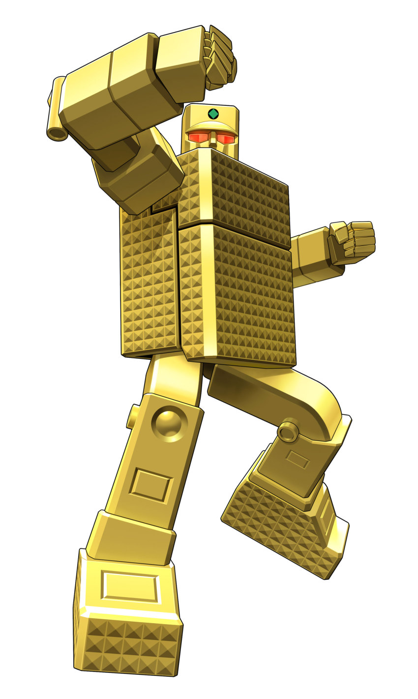 1980s_(style) absurdres camera capcom gold_lightan highres mori_toshiaki official_art oldschool ougon_senshi_gold_lightan retro_artstyle simple_background standing standing_on_one_leg tatsunoko_vs_capcom white_background yellow_theme