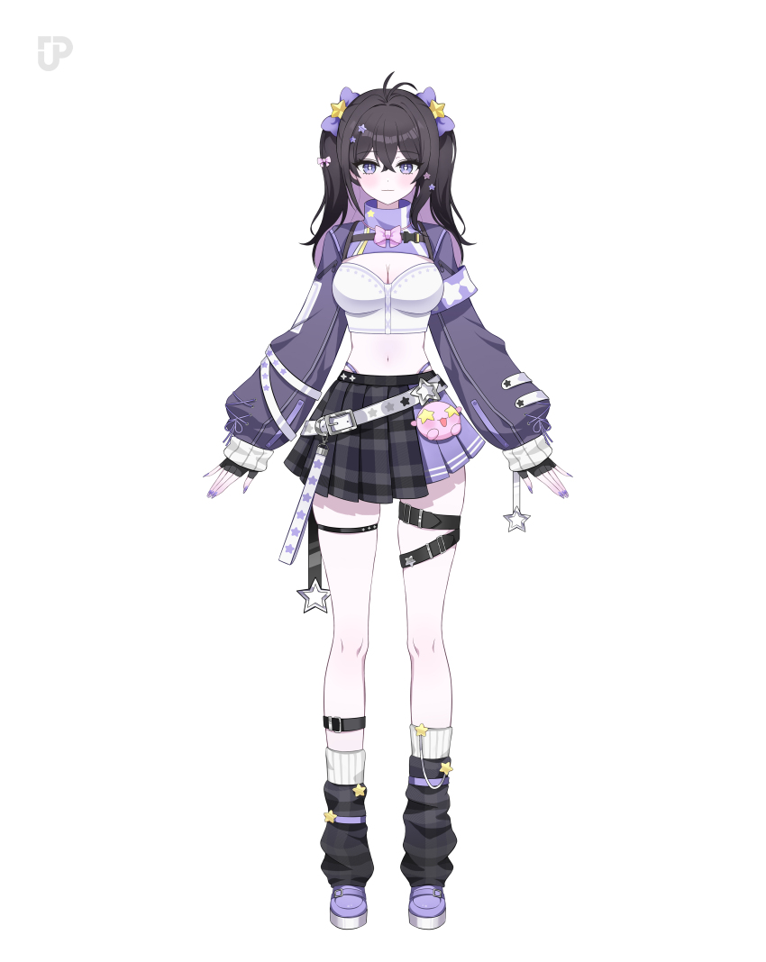 1girl absurdres ahoge belt black_gloves black_hair black_skirt bow bowtie breasts bright_pupils cleavage cleavage_cutout clothing_cutout colored_inner_hair colored_shoe_soles crop_top crossed_bangs fingerless_gloves full_body gloves hair_bow hair_ornament hanavi high_collar highres large_breasts leg_belt leg_warmers long_hair long_sleeves looking_at_viewer midriff miniskirt multicolored_hair multiple_thigh_straps navel official_art panty_straps pink_bow pink_bowtie plaid_clothes plaid_leg_warmers plaid_skirt pleated_skirt purple_eyes purple_hair purple_nails purple_shoes purple_skirt second-party_source shoes shrug_(clothing) simple_background skirt solo standing star_(symbol) star_hair_ornament straight-on strapless tachi-e thigh_strap tube_top two-tone_skirt two_side_up virtual_youtuber white_background white_belt white_tube_top yumeno_mirai_(hanavi) zije