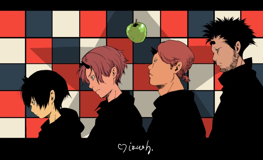 4boys apple beard black_eyes black_hair facial_hair food fruit horns letterboxed makkamu male_focus multiple_boys original ponytail red_hair short_hair short_ponytail signature