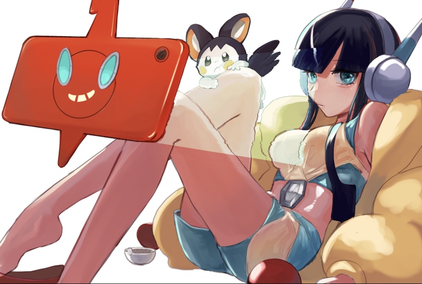 1girl black_hair blunt_bangs closed_mouth commentary_request elesa_(pokemon) emolga expressionless eyelashes flats fur_jacket gen_4_pokemon gen_5_pokemon green_eyes gym_leader headphones highres jacket kikui_102 long_sleeves nintendo poke_ball poke_ball_(basic) pokemon pokemon_(creature) pokemon_bw2 pokemon_on_leg puffer_coat red_footwear rotom rotom_phone shiny_skin short_hair_with_long_locks sidelocks white_background yellow_jacket