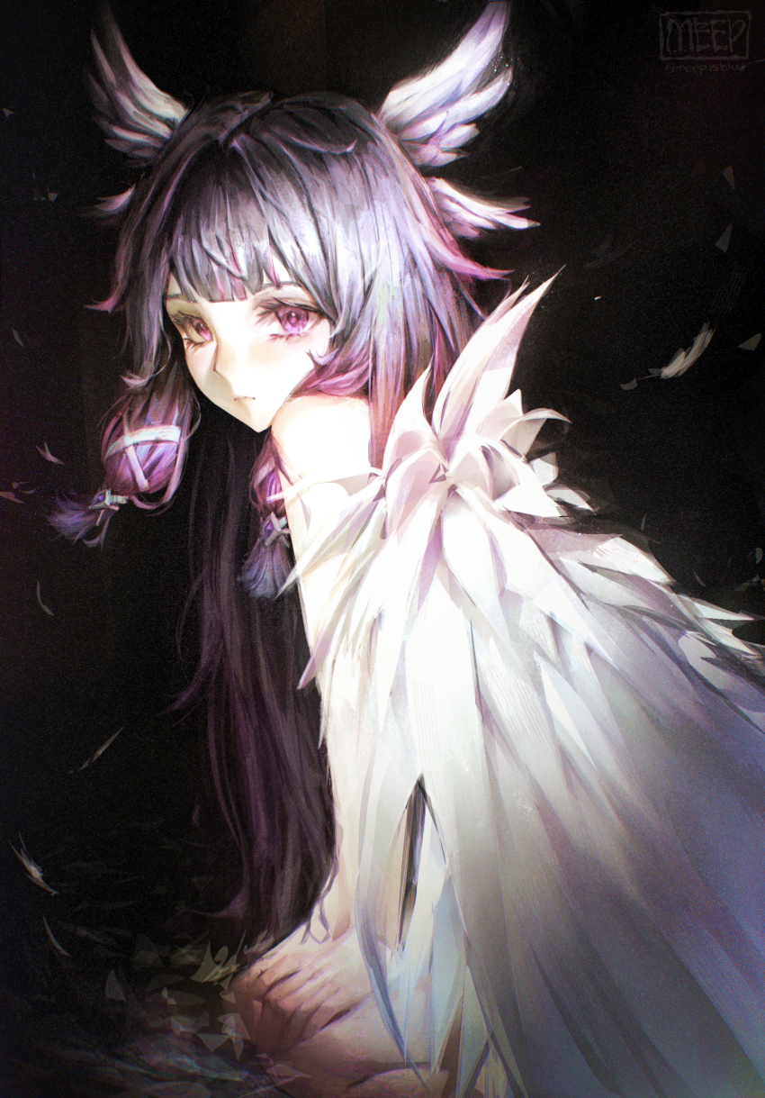1girl bare_shoulders black_background black_hair columbina_(genshin_impact) feathered_wings genshin_impact head_wings highres kneeling long_hair meepisblue sitting solo wings