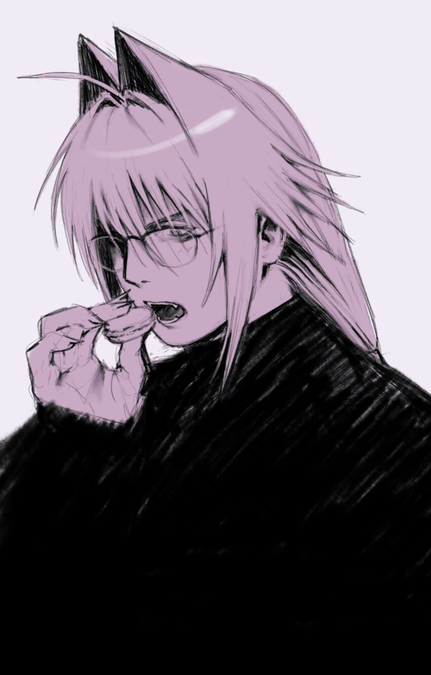 1boy ahoge eating fangs food glasses hair_ears hair_intakes highres holding holding_food long_hair macaron male_focus meisharan nostrils open_mouth original sketch solo teeth turtleneck valentine_(meisharan) white_background