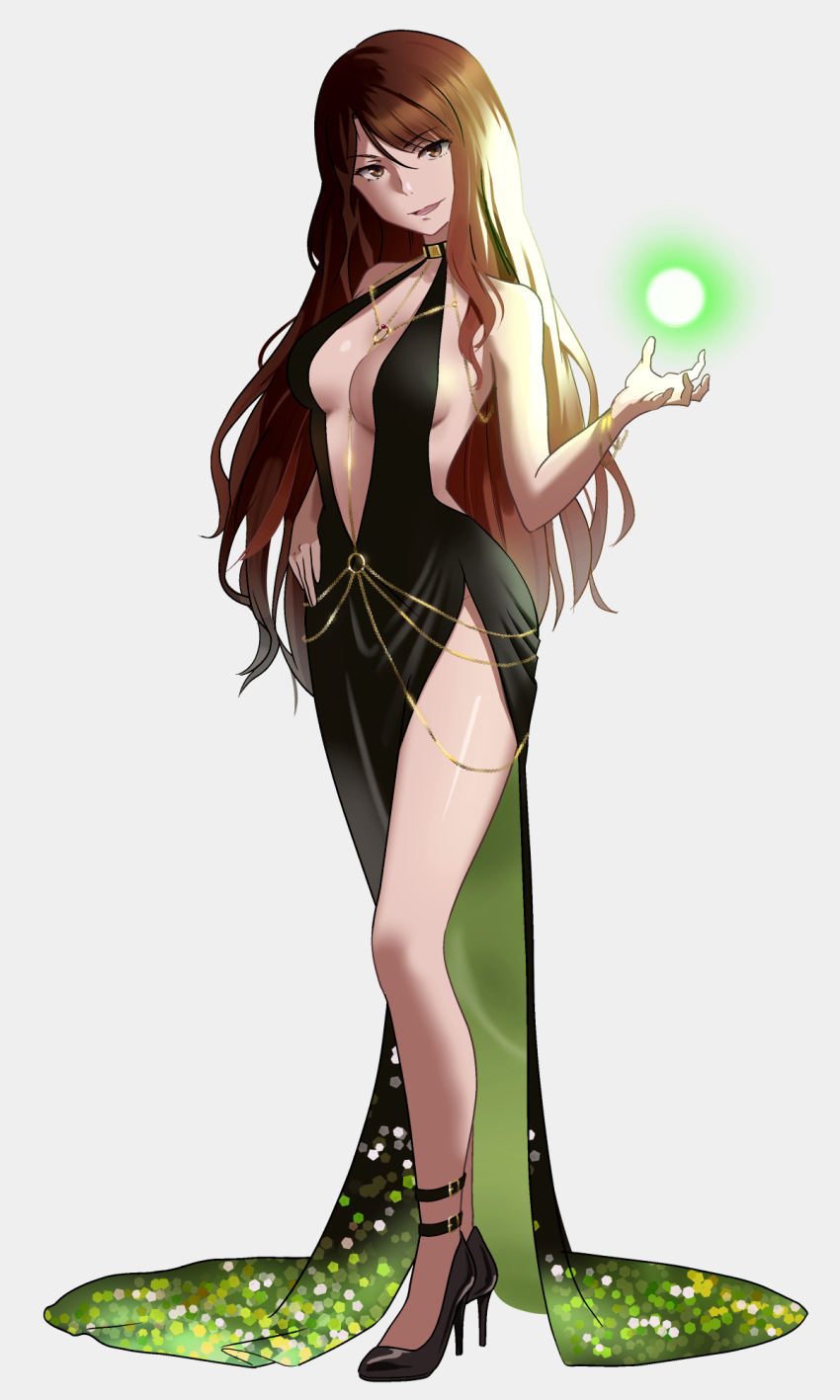 1girl alternate_costume backless_dress backless_outfit bb_(fate) bb_dubai_(fate) bb_dubai_(fate)_(cosplay) belly_chain black_dress black_footwear blackminolith_(2ne) breasts brown_eyes brown_hair center_opening cocktail_dress commentary commission cosplay dress energy_ball english_commentary gradient_clothes gradient_dress grey_background hand_on_own_hip high_heels highres jewelry long_hair looking_at_viewer medium_breasts mugino_shizuri necklace open_mouth pixiv_commission psychic side_slit simple_background smile toaru_kagaku_no_railgun toaru_majutsu_no_index