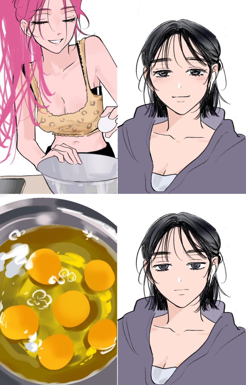 2girls aendee alien_stage animal_print bare_shoulders bowl breasts cleavage closed_mouth commentary cracking_egg crop_top egg egg_yolk frown grey_hoodie hashtag-only_commentary highres holding holding_egg hood hoodie leopard_print long_hair mizi_(alien_stage) multiple_girls navel pink_hair ponytail short_hair single_earphone_removed smile sua_(alien_stage) tank_top teeth yellow_tank_top yuri