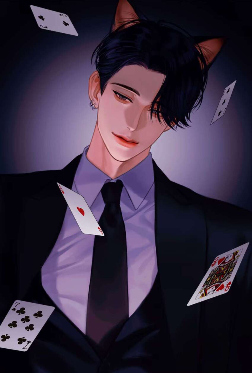 1boy aegyo_sal animal_ears black_hair black_jacket black_necktie cat_boy cat_ears closed_mouth earrings eyes_visible_through_hair floating_card grey_background grey_eyes hair_over_one_eye highres jacket jewelry looking_at_viewer male_focus necktie original parted_bangs shirt short_hair solo suit_jacket toscana20460423 upper_body white_shirt
