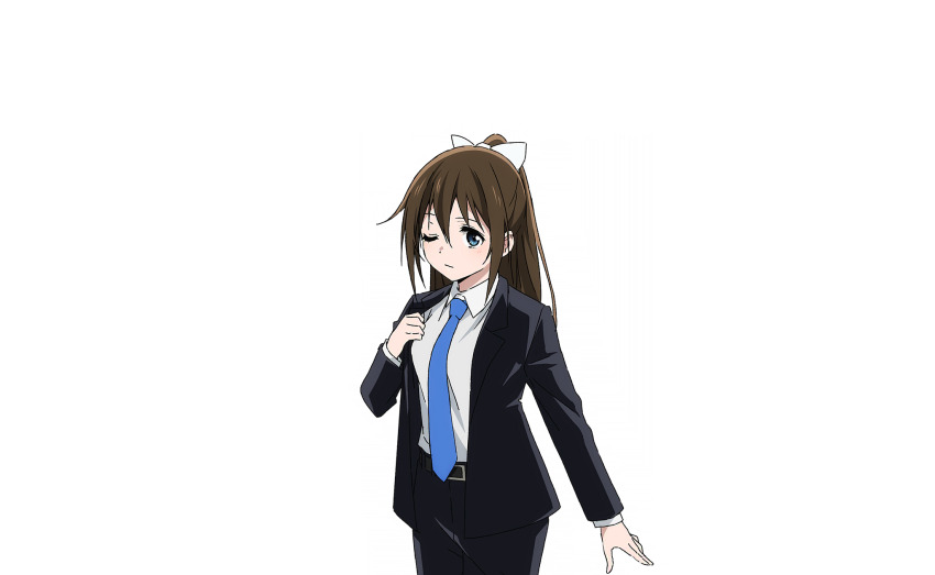 1girl belt belt_buckle black_belt black_jacket black_pants black_suit blue_eyes blue_necktie bow breasts brown_hair buckle business_suit closed_mouth clothes_grab collared_shirt cowboy_shot formal_clothes hair_between_eyes hair_bow hair_ribbon half_updo hand_up highres jacket light_blush long_hair long_sleeves looking_at_viewer love_live! love_live!_nijigasaki_high_school_idol_club love_live!_school_idol_festival_2 medium_breasts necktie official_art one_eye_closed open_clothes osaka_shizuku pants ribbon shirt sidelocks solo suit transparent_background white_ribbon white_shirt