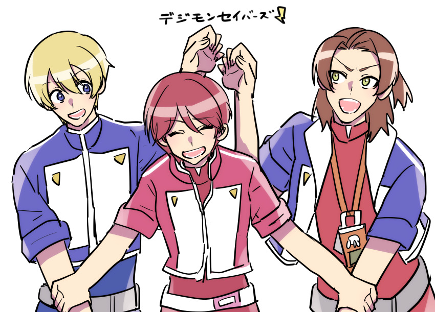 1girl 2boys absurdres daimon_masaru_(digimon_savers) digimon digimon_savers fujieda_yoshino highres multiple_boys pink_eyes pink_hair short_hair thoma_h._norstein