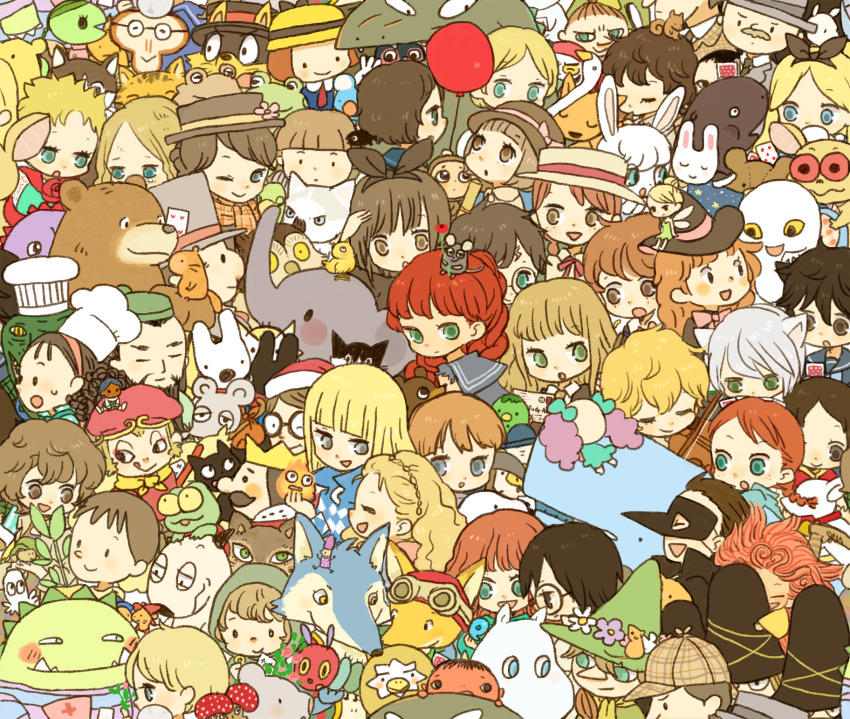 6+boys 6+girls ai_shoujo_pollyanna_monogatari alice_(alice_in_wonderland) alice_in_wonderland anne_of_green_gables anne_shirley balloon bam_(bam_and_kero) bam_and_kero bear black_hair blonde_hair brown_hair calcifer card cat caterpillar character_request cheburashka chef_hat copyright_request crossover crown daruma-chan daruma-chan_(series) dinosaur dog elephant facial_hair frederick_(book) frederick_the_mouse ghost glasses green_eyes green_hood grey_eyes guri_to_gura harry_potter harry_potter_(series) hat highres holding holding_card holding_instrument holding_violin howl&#039;s_moving_castle_(novel) howl_(howl_no_ugoku_shiro) instrument kaiketsu_zorori kero_(bam_and_kero) le_petit_prince little_my long_hair madeline_(book) madeline_(madeline) marilla_cuthbert mary_poppins mary_poppins_(character) moomin mouse_(animal) multiple_boys multiple_girls mushroom mustache necktie omae_umasou_da_na one_eye_closed open_mouth pollyanna_whittier prince_(le_petit_prince) ruby_gillis sherlock_holmes smile snufkin squirrel sweatdrop the_adventures_of_sherlock_holmes the_very_hungry_caterpillar tinker_bell_(disney) top_hat violin wakatta-san wally_(where&#039;s_wally) walt_disney&#039;s_peter_pan whale where&#039;s_wally witch_hat wizarding_world wolf yellow_eyes yukke zororeene