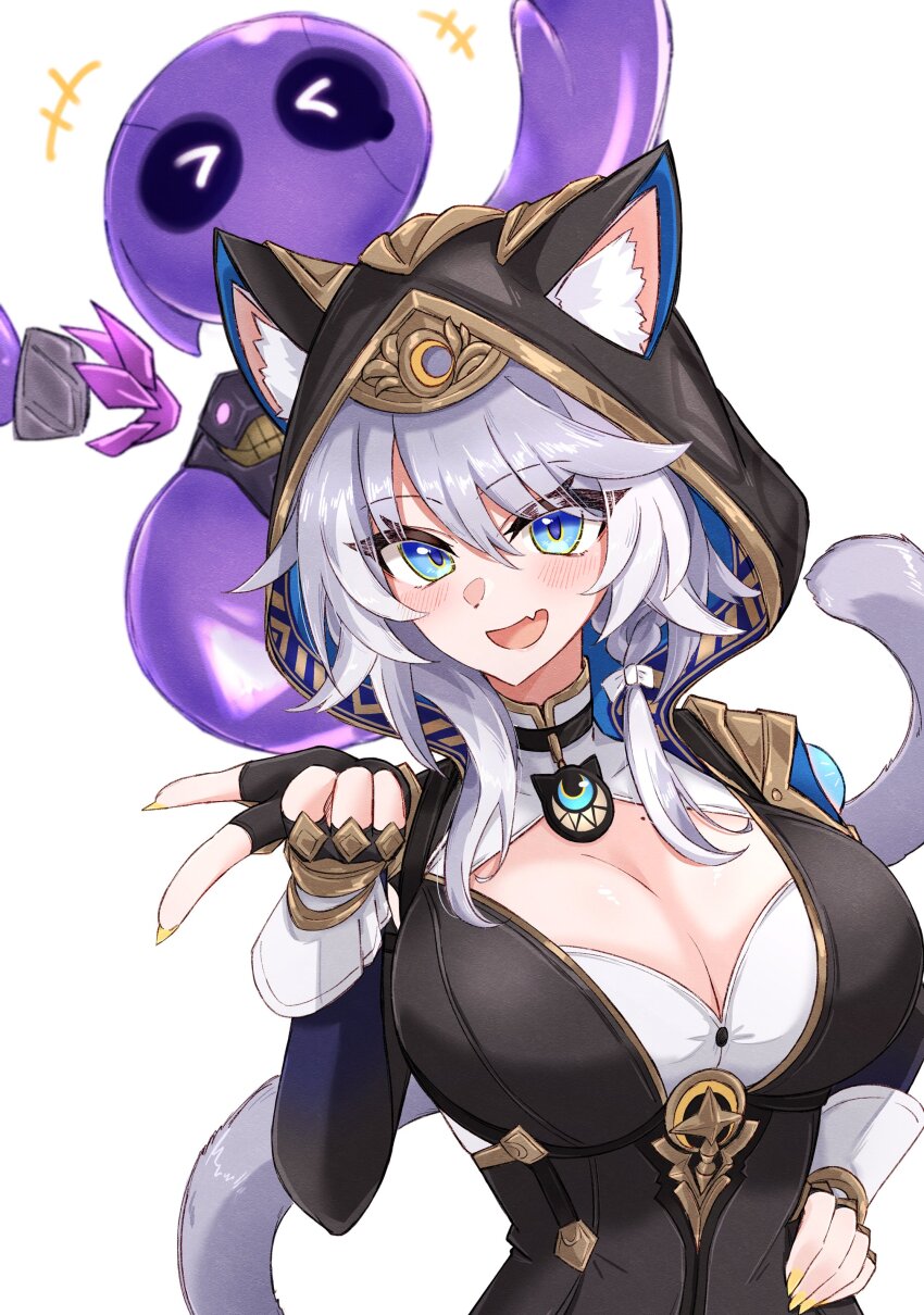 1girl :d absurdres animal_ear_fluff animal_ears blue_eyes breasts cat_ears cat_tail cipher_(honkai:_star_rail) cleavage fang grey_hair hand_on_own_hip highres honkai:_star_rail honkai_(series) hood large_breasts looking_at_viewer maiq06 medium_hair mole mole_on_chest open_mouth simple_background skin_fang smile tail upper_body white_background
