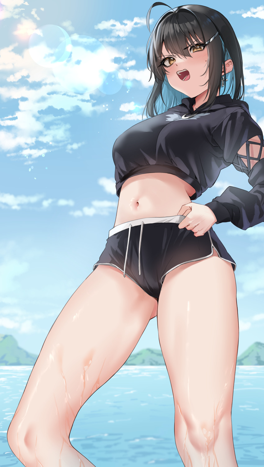 1girl absurdres ahoge arm_cutout bare_legs black_hair black_jacket black_shorts blue_hair borrowed_character brown_eyes clothing_cutout cloud colored_inner_hair cropped_hoodie cross cross_earrings earrings gluteal_fold hair_intakes hair_ornament hairclip hand_on_own_hip highres hood hood_down hoodie horizon irene_(kanniiepan) jacket jewelry looking_at_viewer medium_hair mole mole_under_eye multicolored_hair navel ocean open_mouth original ryudraw shiny_skin short_shorts shorts sky solo standing stomach thighs two-tone_hair wading wet