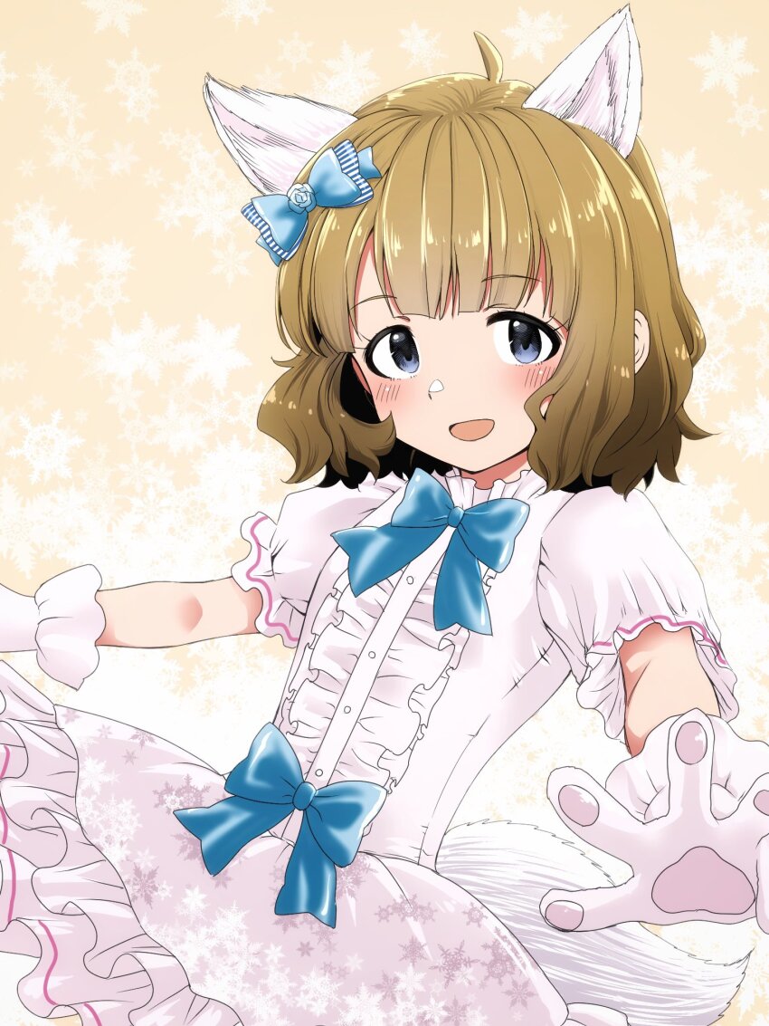 1girl :d ahoge animal_ears animal_hands blue_bow blue_bowtie blue_eyes blue_ribbon blunt_bangs blush bow bowtie breasts brown_hair cowboy_shot dot_nose dress eyelashes fox_ears fox_tail frilled_dress frills gloves hair_ribbon highres idolmaster idolmaster_million_live! idolmaster_million_live!_theater_days layered_dress looking_at_viewer matcha_kingyo medium_hair open_mouth paw_gloves puffy_short_sleeves puffy_sleeves ribbon short_sleeves small_breasts smile snowflakes solo tail wavy_hair white_dress white_gloves