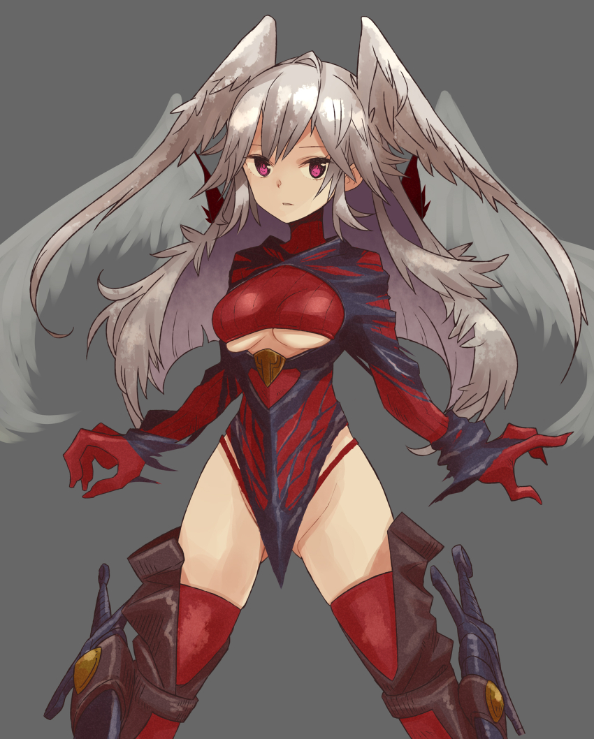 1girl alternate_costume bodysuit breasts clothing_cutout commentary_request cowboy_shot dagger eushima_(sgr) feather_hair feathered_wings final_fantasy final_fantasy_tactics gluteal_fold grey_background grey_hair highres knife leg_holster looking_at_viewer medium_breasts pink_eyes red_bodysuit red_thighhighs simple_background solo thighhighs ultima_(fft) underboob_cutout weapon wings worried