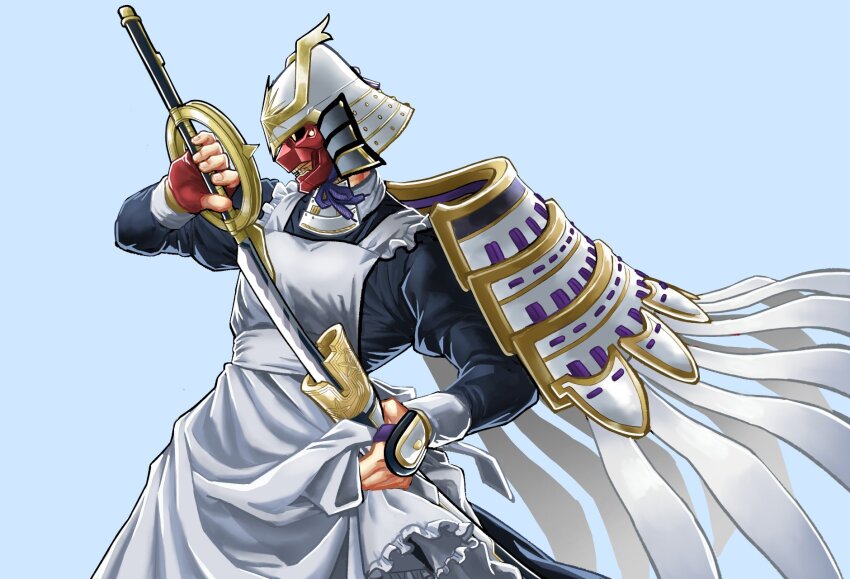 1boy alternate_costume apron armor black_dress blue_background crossdressing dress enmaided fate/samurai_remnant fate_(series) fingerless_gloves frilled_apron frills gloves helmet highres holding holding_sheath holding_sword holding_weapon japanese_armor kabuto_(helmet) katana maid maid_apron male_focus male_maid masked rogue_saber_(fate/samurai_remnant) samurai sheath shoulder_armor simple_background single_fingerless_glove single_sode solo sword tontinkan800 unsheathing weapon white_apron