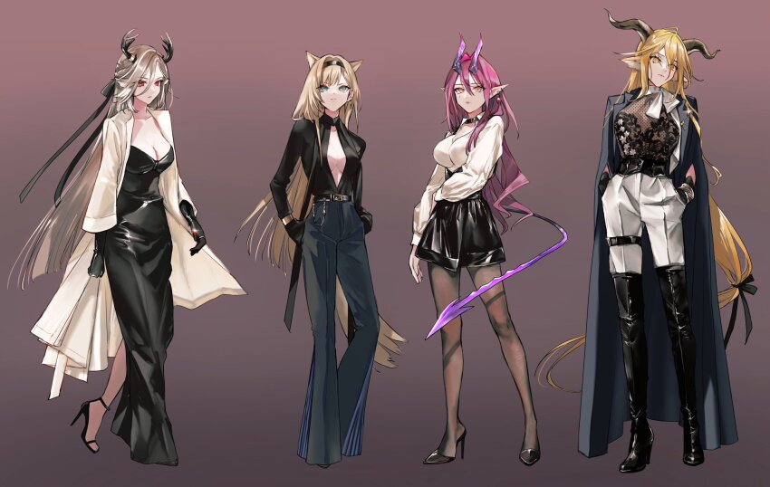 4girls animal_ears antlers arknights ascalon_(arknights) belt black_belt black_dress black_gloves black_hairband black_high_heels black_pants black_pantyhose black_shirt black_shorts blonde_hair boots breasts brown_hair center_opening cleavage commentary_request deer_antlers deer_ears deer_girl degenbrecher_(arknights) demon_girl demon_horns demon_tail dress full_body gloves goat_ears goat_girl goat_horns green_eyes hairband high_heel_boots high_heels highres horn_(arknights) horns large_breasts long_dress multiple_girls official_alternate_costume okome_(okome9219) orange_eyes pants pantyhose purple_background purple_hair qiubai_(arknights) red_eyes shirt shorts tail white_shirt white_shorts wolf_ears wolf_girl wolf_tail yellow_eyes