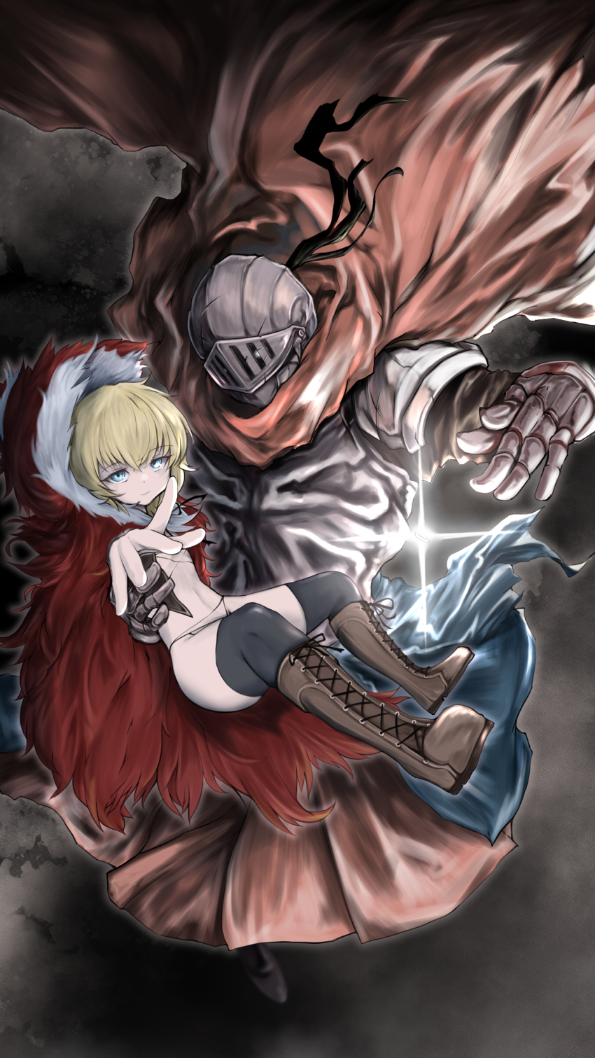 1boy 1girl absurdres armor black_souls black_thighhighs blonde_hair blue_eyes boots brown_boots cape carrying carrying_person commentary_request fur-trimmed_cape fur_trim gauntlets glowing glowing_eyes grimm_(black_souls) helmet highres hood hooded_cape knight long_scarf panties red_cape red_hood_(black_souls) scarf scrapiron2800 thick_thighs thighhighs thighs underwear white_panties