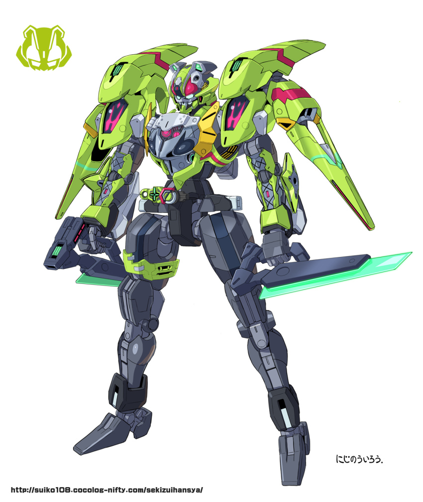 commentary dual_wielding full_body fusion green_eyes gundam gundam_pharact gundam_suisei_no_majo highres holding holding_weapon kamen_rider kamen_rider_geats_(series) kamen_rider_tycoon mecha mobile_suit ninja_buckle no_humans rider_belt robot simple_background solo standing weapon white_background yanagi_joe