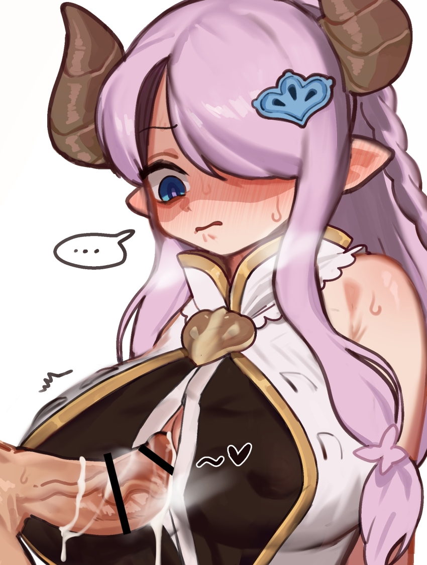 1boy 1girl annoyed bar_censor black_shirt blue_eyes blush breasts censored covered_erect_nipples cum cum_on_body cum_on_breasts cum_on_upper_body demon_girl dot_nose ear_blush embarrassed eyebrows granblue_fantasy hair_over_one_eye hetero highres horns large_breasts large_variant_set looking_at_penis looking_down narmaya_(granblue_fantasy) open_mouth paizuri penis perpendicular_paizuri pink_hair pointy_ears shaded_face shirt shirt_under_shirt sidelocks simple_background sleeveless sleeveless_shirt solo_focus two-tone_shirt upper_body variant_set veins veiny_penis white_background white_shirt yellow_shirt yoma_(mayo)