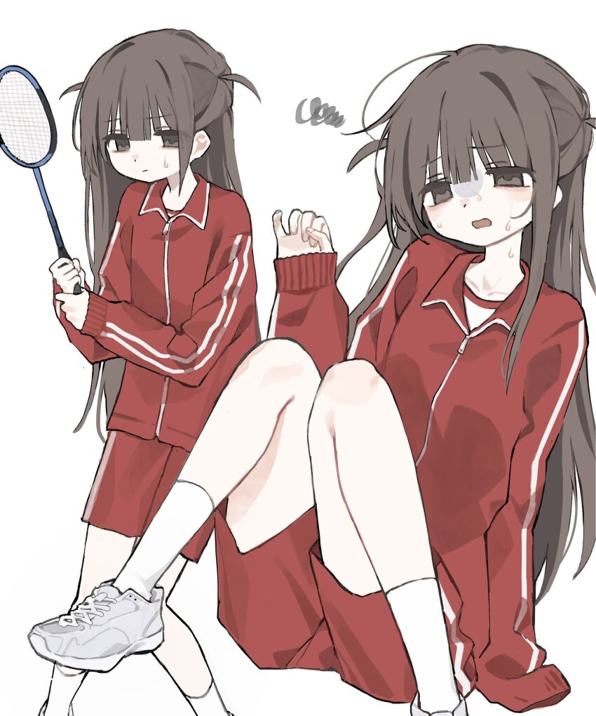1girl basketball blush brown_eyes commentary half_updo highres holding jacket juumou_(c5buf) long_hair long_sleeves multiple_girls original pants racket red_jacket red_shorts shoes shorts sitting socks sportswear sweat tennis_racket track_jacket track_suit very_long_hair