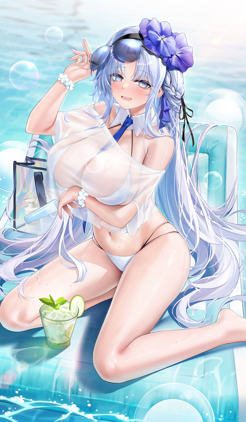 1girl absurdres alsace_(azur_lane) alsace_(heat_beating_summer_sacrament)_(azur_lane) arm_under_breasts azur_lane bare_shoulders between_breasts bikini blue_eyes blue_flower blue_hair blue_necktie blurry blush bokeh braid breasts cleavage commentary_request cropped_shirt cup depth_of_field drinking_glass flower food hair_flower hair_ornament highres holding holding_food holding_popsicle inflatable_raft large_breasts long_hair looking_at_viewer multi-strapped_bikini_bottom navel necktie necktie_between_breasts ocean off-shoulder_shirt off_shoulder official_alternate_costume open_mouth popsicle scrunchie see-through_clothes see-through_shirt shirt solo stardust_(chen&#039;ai_weiding) stomach swimsuit thighs very_long_hair wet white_bikini white_shirt wrist_scrunchie