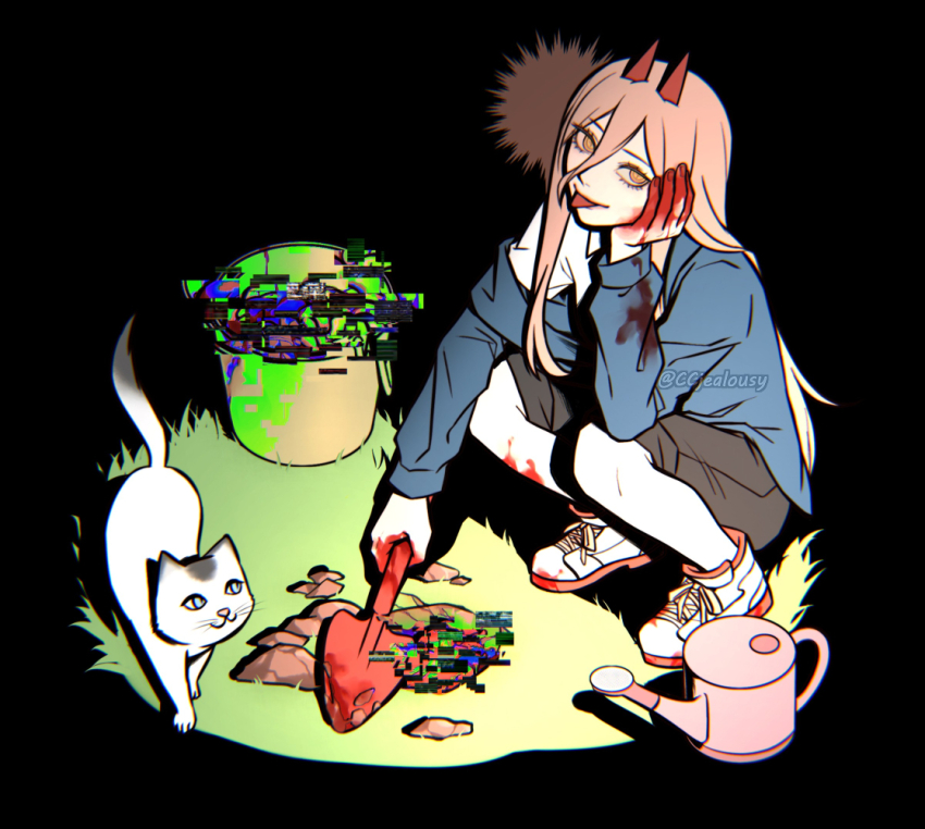 1girl black_shorts blood blood_on_clothes blood_on_hands blue_eyes bucket cat censored chainsaw_man commentary czy_(2894456992) glitch glitch_censor grass hair_between_eyes holding holding_shovel horns meowy_(chainsaw_man) orange_eyes pink_hair power_(chainsaw_man) red_horns shoes shorts shovel sneakers squatting watering_can
