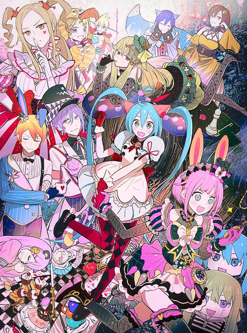 4girls 6+girls :d alice_in_wonderland animal_ears argyle_clothes argyle_hat argyle_pantyhose black_headwear black_thighhighs blonde_hair blue_eyes cat_ears cat_tail chess_piece chromatic_aberration commentary cup daiye_(kkmcndsf) dress fake_animal_ears food frilled_gloves frilled_thighhighs frills gloves green_dress green_hair grey_pantyhose hair_ornament hat hatsune_miku hibiku_twilight_parade_(project_sekai) highres holding_watch kagamine_len kagamine_rin kaito_(vocaloid) kusanagi_nene long_hair megurine_luka meiko_(vocaloid) mikudayo muffin multiple_girls nenerobo ootori_emu open_mouth pantyhose pink_dress pink_eyes pink_gloves pink_hair plate pocket_watch pom_pom_(clothes) pom_pom_hair_ornament project_sekai pudding puffy_short_sleeves puffy_sleeves purple_eyes purple_hair rabbit_ears red_gloves red_pantyhose robot sakurako_(project_sekai) short_sleeves smile tail teacup teapot thighhighs top_hat twintails two_side_up very_long_hair vocaloid watch white_dress wonderlands_x_showtime_(project_sekai) wonderlands_x_showtime_kaito wonderlands_x_showtime_len wonderlands_x_showtime_luka wonderlands_x_showtime_meiko wonderlands_x_showtime_miku wonderlands_x_showtime_rin yellow_dress yellow_eyes zenryoku!_wonder_halloween!_(project_sekai)