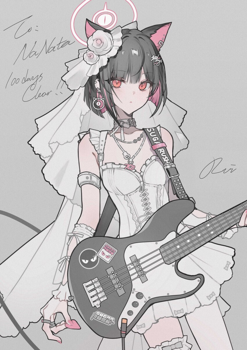 1girl absurdres ajirui alternate_costume animal_ears bass_guitar belt_collar black_hair blue_archive bridal_veil cat_earrings cat_ears collar colored_inner_animal_ears colored_inner_hair commentary_request dress earclip earrings extra_ears fender_jazz_bass flower frilled_thigh_strap gift_art grey_background guitar hair_ornament hairclip halo highres holding holding_bass_guitar holding_instrument holding_plectrum instrument jewelry kazusa_(band)_(blue_archive) kazusa_(blue_archive) looking_at_viewer multicolored_hair nail_polish parted_lips pink_hair pink_nails plectrum red_eyes ring short_hair signature simple_background single_leg_pantyhose solo thigh_strap veil white_dress white_flower