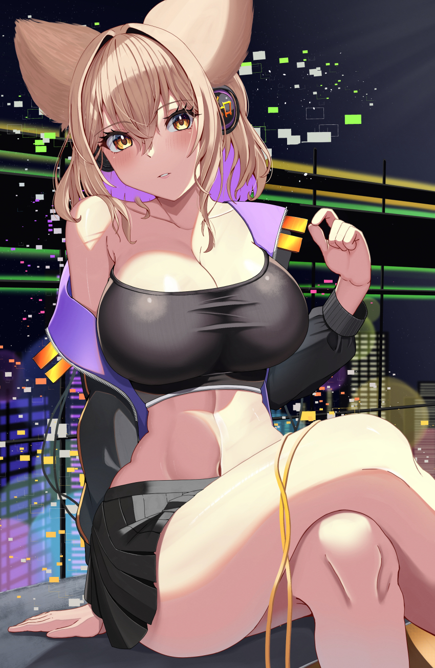 1girl absurdres black_hoodie black_skirt blonde_hair blush breasts cityscape cleavage collarbone crossed_legs cyberpunk earmuffs hair_between_eyes hair_ears hair_intakes hand_up highres hood hoodie hossy large_breasts light_rays long_sleeves looking_at_viewer medium_hair midriff miniskirt navel night off_shoulder open_clothes open_hoodie pinching_gesture pointy_hair single_bare_shoulder sitting skirt sky solo sports_bra sunbeam sunlight thighs touhou toyosatomimi_no_miko yellow_eyes