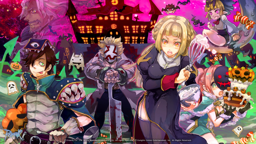 3boys 3girls :p @_@ armor bat_(animal) batter beard beholder_(ragnarok_online) belt black_dress black_legwear black_leotard blonde_hair blood blood_on_clothes bloody_murderer bloody_weapon blue_cape blue_pants blush bowl breastplate brown_belt brown_gloves cake candy cape capelet closed_mouth coat commentary_request copyright_notice cowboy_shot creator_(ragnarok_online) crescent_moon dated demon deviruchi double_bun dress facial_hair fence food fur-trimmed_capelet fur-trimmed_gloves fur_trim garter_straps ghost gloves green_cape green_dress green_eyes hair_bun hair_over_one_eye halloween hand_wraps high_wizard_(ragnarok_online) highres holding holding_bowl jack-o&#039;-lantern juliet_sleeves leotard leotard_under_clothes living_clothes loli_ruri long_hair long_sleeves looking_at_viewer mansion mask mask_on_head medium_hair monster moon multiple_boys multiple_girls official_art official_wallpaper on_crescent open_clothes open_coat open_mouth orange_eyes pants pink_eyes pink_hair pointy_ears pouch priest_(ragnarok_online) puffy_sleeves pumpkin purple_sky ragnarok_online reload9_yohji rideword_(ragnarok_online) shirt short_dress short_hair signature sitting_on_moon sky smile strapless strapless_dress teeth thighhighs tongue tongue_out two-tone_dress watermark weapon whisk whisper_(ragnarok_online) white_coat white_dress white_gloves white_hair white_shirt