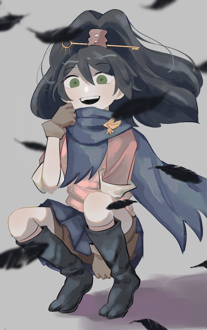 19nabeee 1girl ace_attorney ace_attorney_investigations black_hair blue_cape cape feathers gloves green_eyes hair_ornament highres kay_faraday on_ground simple_background smile solo