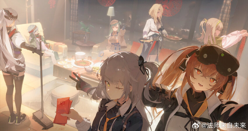 404_(girls&#039;_frontline) 6+girls :d andoris_(girls&#039;_frontline_2) baseball_cap belka_(girls&#039;_frontline_2) beret blonde_hair blurry broom brown_hair chinese_new_year couch depth_of_field fashi_laizi_weilai food g11_(girls&#039;_frontline) g28_(girls&#039;_frontline) girls&#039;_frontline girls&#039;_frontline_2:_exilium green_hair green_jacket grey_hair hat head-mounted_display highres hk416_(girls&#039;_frontline) holding holding_plate hongbao jacket klukai_(girls&#039;_frontline_2) lenna_(girls&#039;_frontline_2) leva_(girls&#039;_frontline_2) looking_at_viewer mechty_(girls&#039;_frontline_2) multiple_girls one_eye_closed open_mouth plate ponytail scar scar_across_eye scar_on_face sitting sleeping smile table twintails type_97_shotgun_(girls&#039;_frontline) ump45_(girls&#039;_frontline) ump9_(girls&#039;_frontline) v watermark weibo_username weibo_watermark window