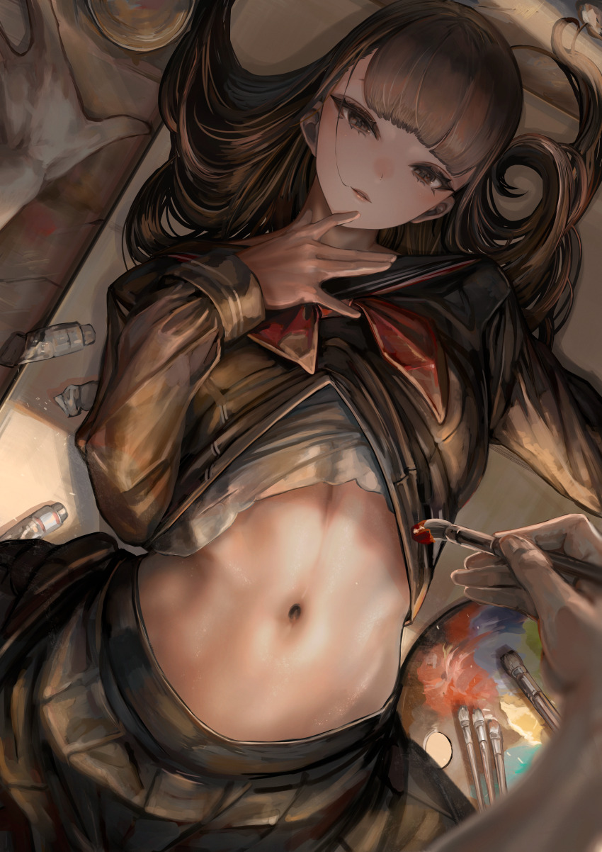 1girl 1other absurdres black_hair black_sailor_collar black_shirt black_skirt blunt_bangs blurry blurry_foreground brown_eyes canvas_(object) clothes_pull cowboy_shot dot_nose from_above highres holding holding_paintbrush indoors long_hair looking_at_viewer lying navel neckerchief on_back original paint_palette paint_tube paintbrush parted_lips partially_undressed pleated_skirt pov red_neckerchief sailor_collar school_uniform serafuku shirt shirt_pull skirt soleil_(soleilmtfbwy03) solo_focus stomach white_shirt