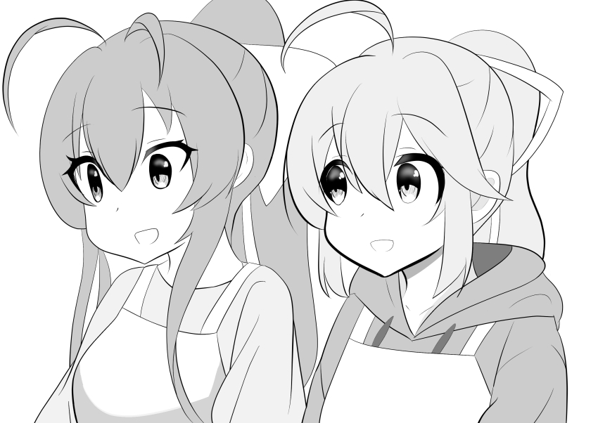 2girls ahoge antenna_hair blazblue celica_a._mercury genderswap genderswap_(mtf) greyscale hair_between_eyes highres long_hair mai_natsume monochrome multiple_girls open_mouth ponytail